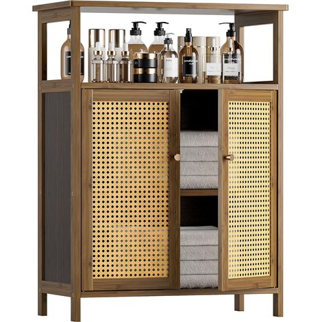 Armoire en Bambou, Meuble de Rangement Salle de Bain avec Rotin Portes, Armoire sur Pied en Bambou, Organisateur autoportant pour Salon, Cuisine, entrée, Noyer (1/5)