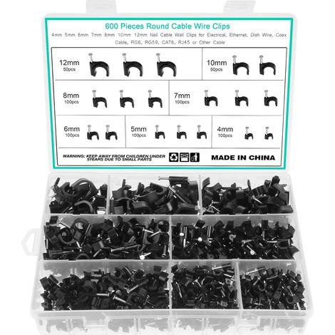 Lot de 600 clips de câble en acier pour clous 4 mm 5 mm 6 mm 7 mm 8 mm 10 mm 12 mm Clips de câble pour fixation de câble (noir) (1/5)