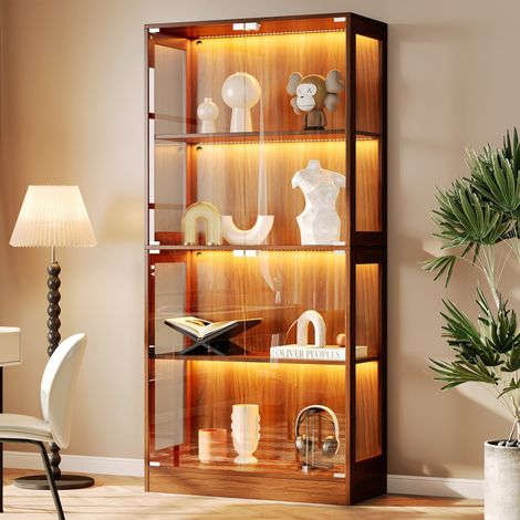 Vitrine verre d'Exposition 80x35x170 cm, Meuble de rangement LED, Connectée App Bois Marron, Bibliothèque, Design Moderne