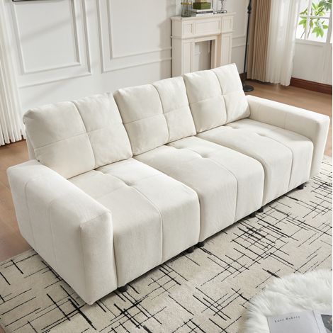 Divano modulare 3 posti in tessuto chenille bianco beige, 213x94x84 cm, schienale regolabile, funzione letto (1/5)
