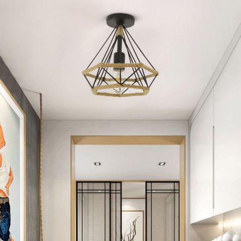 Lampe de Plafond rétro Vintage Plafonnier Industrielle Cage en forme Diamant en Métal avec corde de chanvre Fer Lustre