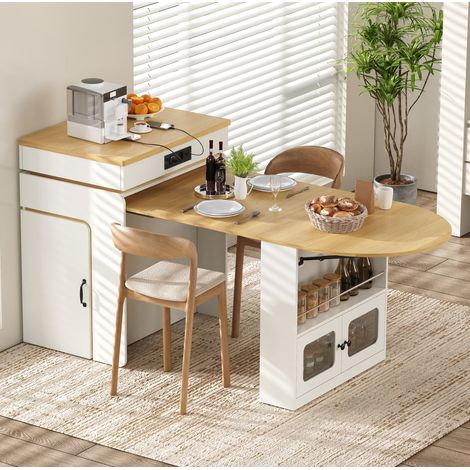 Table de bar Îlot de cuisine extensible 55-194x80x95,5 cm avec LED, USB Type-C, rangements, MDF et verre, blanc et naturel (1/5)