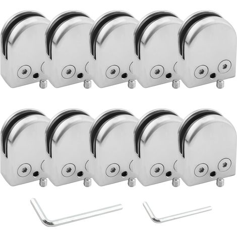 Lot de 10 pinces à verre, support de balustrade en verre réglable de 8 à 10 mm, support en acier inoxydable 304 à dos plat, supports de main courante pour escaliers pour balustrade, rampe (1/5)