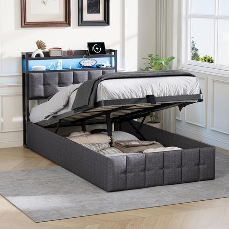 Letto 90x200 cm - Letto contenitore 90 e rete - Testiera imbottita con contenitore, LED RGB, USB e Type-C - Letto singolo - in lino grigio (1/5)