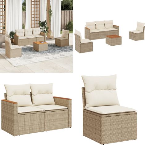 Salon de jardin avec coussins 6 pcs beige résine tressée - Ensemble Salon De Jardin - Mobilier Extérieur - Canapé Jardin - Table Jardin - Chaise Lounge - Home & Living (1/5)