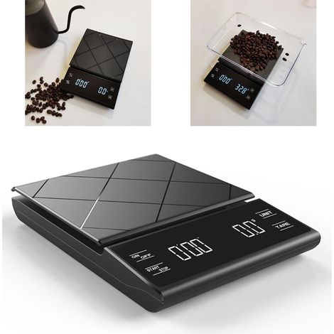 Balance électronique pour café avec minuteur, pour la cuisine et la pâtisserie, avec écran tactile LED, noire et rechargeable, capacité de 3 kg/0,1 g.