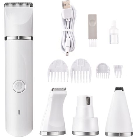 Tondeuse Électrique Chien 4-en-1 Sans Fil, Silencieuse, 4 Têtes et Limes à Griffes, Recharge USB IPX7, Blanc (1/5)