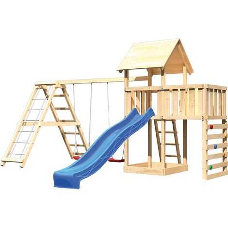 Akubi Lotti Satteldach natur Rut.blau+DS+KG+ABP+Kletterwand
