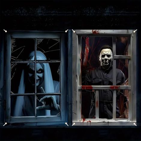 Décorations d'Halloween pour fenêtres : rideaux, guirlandes, fanions pour une fête d'Halloween en extérieur (2 pièces) - 80 x 120 cm - NG-24