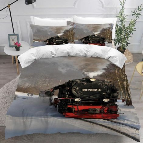 Bettwäsche-Set 200x200 cm mit 3D-Druck Zugmotiv, 100% Mikrofaser, 2 Kissenbezüge 80x80 cm