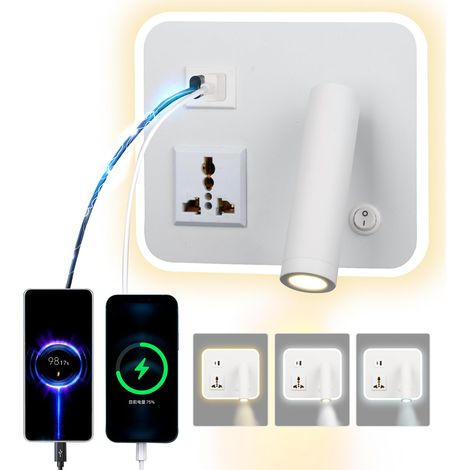 Lampe murale LED réglable 12W avec prise universelle et USB-C, interrupteur double, gradation tricolore, pivotante (Blanc carré)