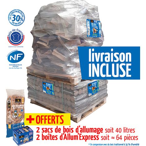 Woodstock – Pack découverte de 40 bûches densifiées 30 cm – 1300 dm3 de bûches – Allumage offert – Haute performance calorifique 100% feuillus
