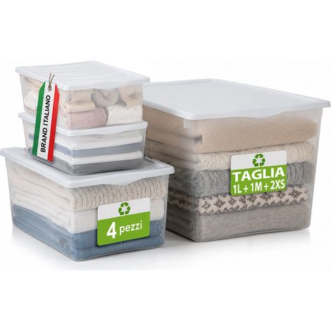 Set 4 Pezzi Contenitori con Coperchio Spring Box 1L + 1M + 2XS in Plastica Bianco Trasparente (1/4)