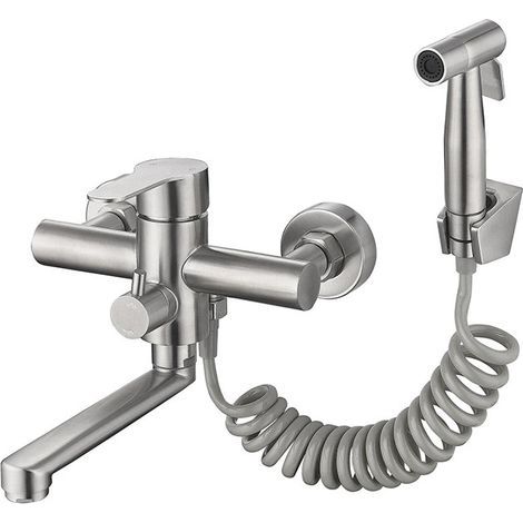 Rubinetto da cucina a parete con pistola a spruzzo e 2 tipi di getto d'acqua, ugello girevole a 360° (1/5)