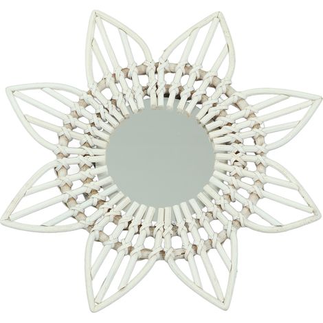 Miroir mural en rotin blanc forme fleur vintage verre poli haut décoratif pour entrée chambre salle de bain (1/5)