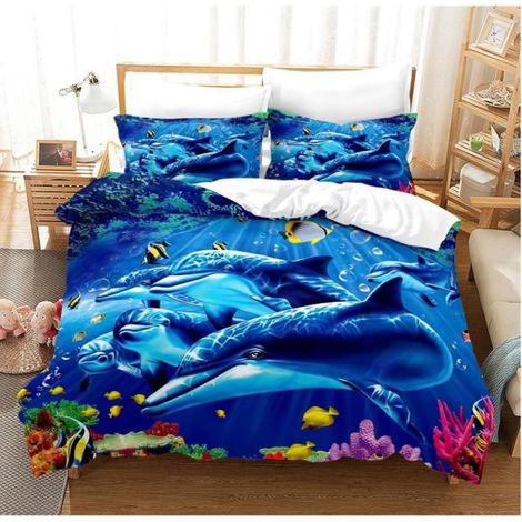 Ensemble de Literie 3D avec Animaux, Motif Dauphin, Poisson Tropical, Corail, Vie Marine, Housse de Couette,D, 90x190 cm - L33 (1/3)
