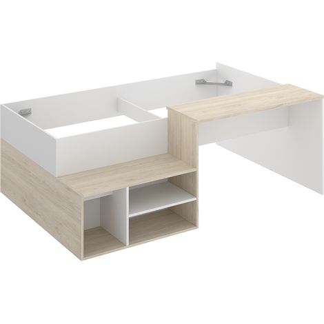 Lit 1 place 190x90 pour enfant combiné avec bureau et 3 compartiments de rangement, coloris blanc/naturel - Hauteur 72,7 x Longueur 133,8 x Profondeur 195,2 cm (1/4)