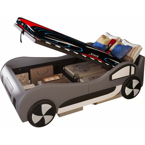 Lit voiture enfant 90x200 cm avec rangement hydraulique, sommier à lattes, tête de lit cockpit, gris, en MDF et cuir régénéré pour chambre d'enfant - CHICFURN (1/5)