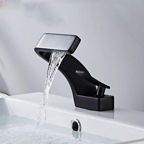 Robinet de lavabo tout cuivre, design luxueux doré avec effet cascade créatif, robinet monotrou pour lavabo, eau chaude et froide. (1/5)