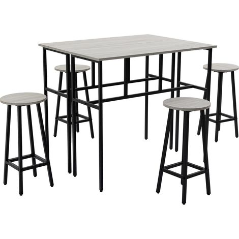 Essgruppe 6-Teilige Sitzgruppe Mit 2 Bartischen Und 4 Stühlen, Industrial Design, Barhocker-Set, Spanholz/Stahl, Grau+Schwarz