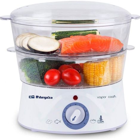 Cuiseur vapeur 5 litres – 400W – 2 paniers empilables pour légumes, viandes, poissons – Temporisateur 60 min – Fonction arrêt automatique – Orbegozo