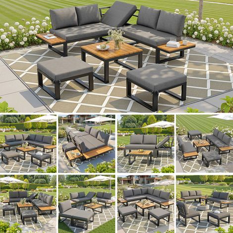 Ensemble de salon de jardin 6 pièces avec dossier réglable, canapé d'angle avec table basse et tabourets, structure en acier résistant aux intempéries, coussins d'assise gris/beige, salon d'extérieur (1/5)