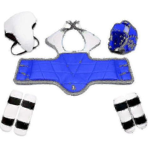 Ensemble de protection de taekwondo cinq pièces : casque armure gants de kickboxing et de boxe protection de tête. Taille homme : 130-150 cm. (1/5)