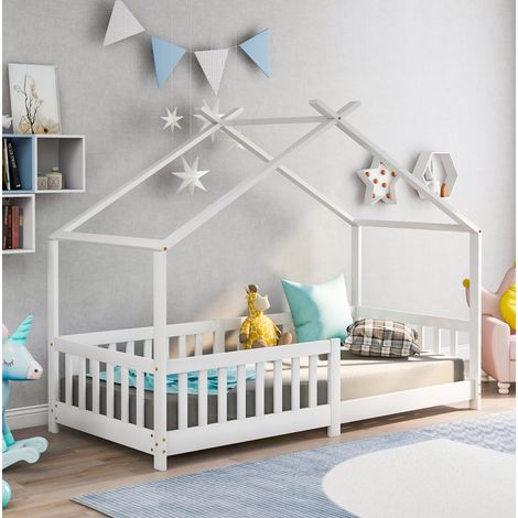 Lit cabane 90x200 cm en bois blanc, gain de place pour chambre, sans matelas FloraGrace (1/5)