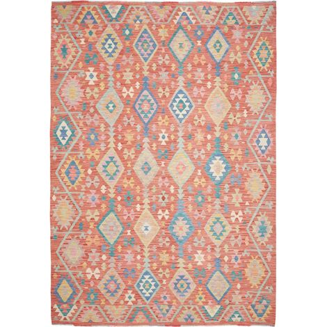 Tapis kilim 205 x 298 cm, géométrique, rouge, bleu et jaune, en laine, tissé à plat, style ethnique authentique (1/5)