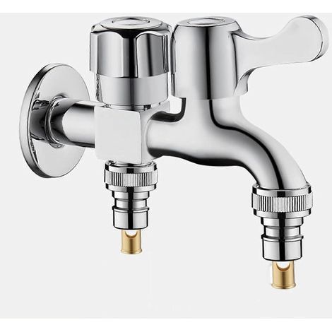 Robinet double mural pour lave-linge et lave-vaisselle, en laiton argenté, avec une entrée et deux sorties. Compatible lave-linge et lave-vaisselle. (1/5)
