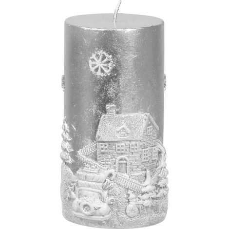 Kerze MagicHome Weihnachten, 7x12,5 cm, zylindrisch, silber, mit 3D-Landschaft (1/2)