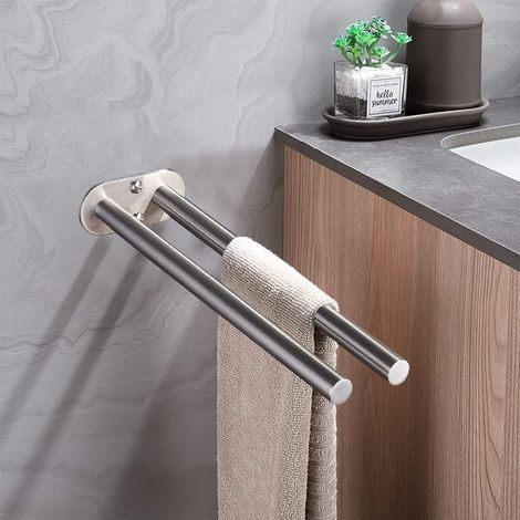 Groofoo – Porte-serviettes mural en acier inoxydable double barre – Installation sans perçage – Dimensions 39,6 x 10 x 2,5 cm – Résistant à l'humidité (1/5)
