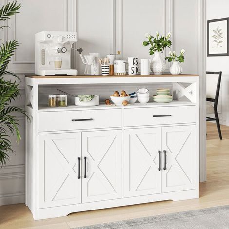 Moderne Anrichte - 4 Türen 2 Schubladen - Wohnzimmeranrichte - 140x40x105 cm - Küchenbuffet - Weißer Buffetschrank - Landhausstil