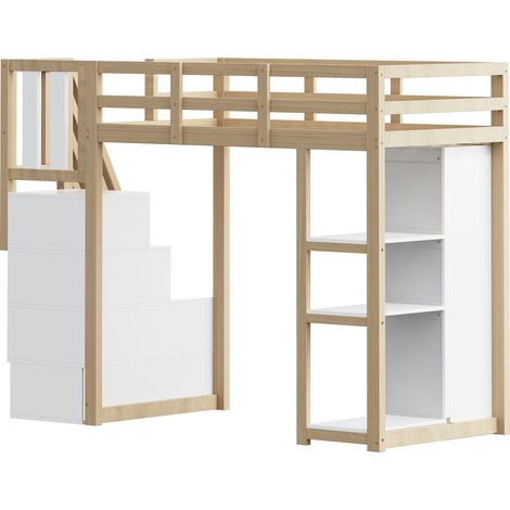 Cama alta 90 x 200 cm de madera natural con almacenaje y estantería (1/5)