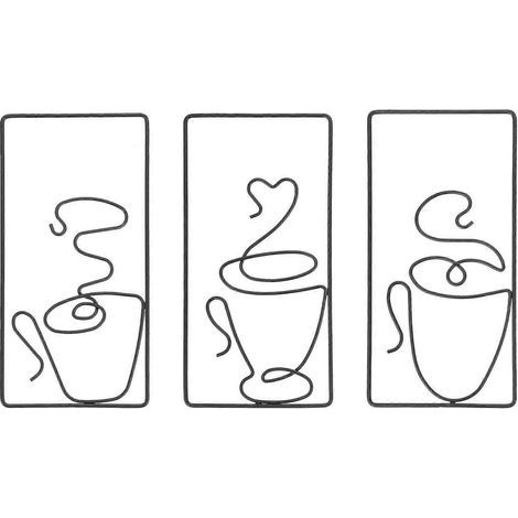 Set aus 3 Metall-Kaffeetassen, Wanddekoration für Wohn- und Schlafzimmer. – 24,00 x 13,00 x 1,00 cm – Schwarz (1/4)