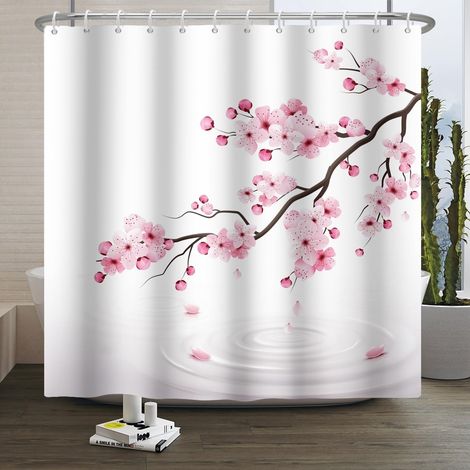 Rideau de Douche Fleurs de Cerisier 3D Sakura Japonais Rideau de Salle de Bain Culture Japonaise Classique Ondulation de la rivière Rideau de Douche Blanc Branches de Fleurs 120x180cm (1/5)