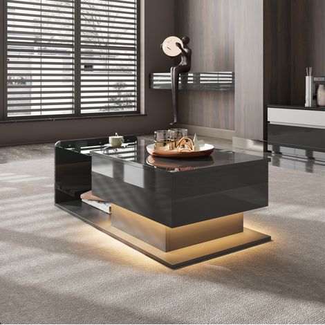 Table basse relevable 100x50x33/47,5 cm noire en panneau de particules et verre trempé avec LED et rangement (1/5)