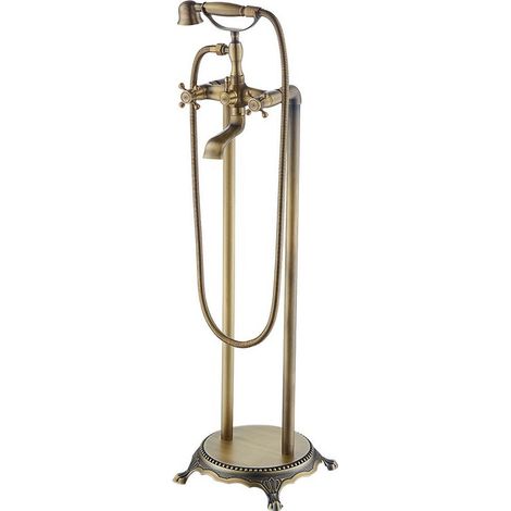 Robinet de baignoire Robinets d'évier de baignoire Montés au sol en laiton noir Ensemble de douche de bain chaud et froid sur pied Mélangeurs de douche à main de luxe (Color : Antique ) (1/5)