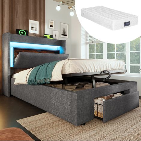 Cama tapizada con canapé abatible 90x200 cm gris con cabecero, LED, USB/USB-C y colchón (1/5)