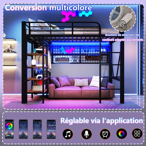 Lit mezzanine 90x200 cm noir en fer,rangements,filet suspension,porte-linge,espace ouvert,bande LED,sans matelas