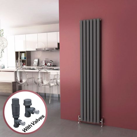 ELEGANT Vertical Column Designer Radiator Anthracite Oval Double Panel Rad 1800 x 354mm + Thermostatic Radiator Valves (1/5)