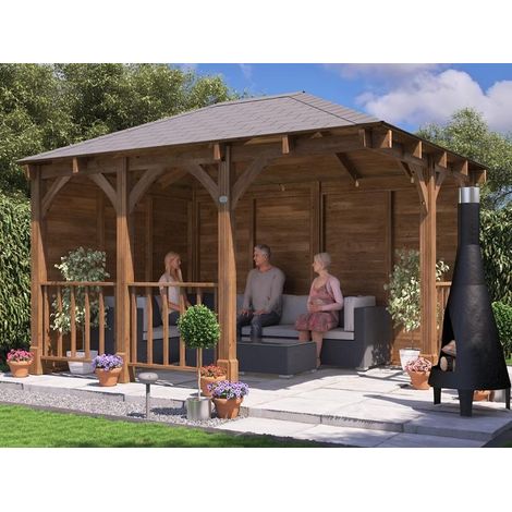 Dunster House Corner Gazebo 4m x 3m Garden Shelter Canopy Wooden Roof Shingles Leviathan (1/5)