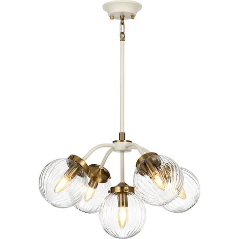 Lampadario Contemporaneo Cosmos Acciaio Crema Vetro Ottone 5 Luci E14 (1/4)