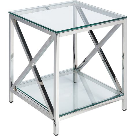 Mesa auxiliar de vidrio templado transparente plateado 45 x 45 cm acero inoxidable Audet