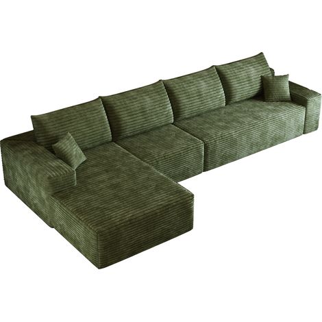 Canapé d'angle modulaire 340 cm avec méridienne en L en velours côtelé rayé vert (1/5)