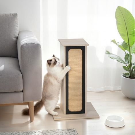 63cm Cat Scratching Post, Cat Scratcher with Replaceable Scratching Board, Top Perch, Sisal Scratch Mat, Oak (1/4)