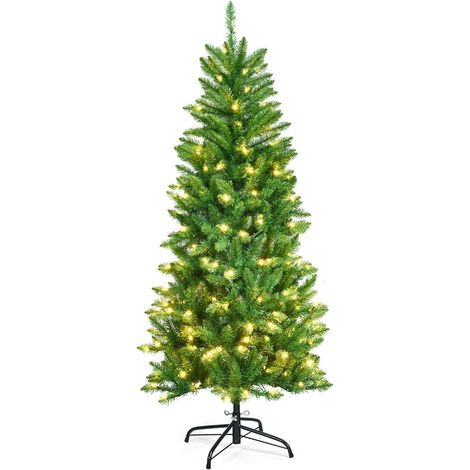 COSTWAY 150cm Bleistift Weihnachtsbaum mit warmweissen LED-Leuchten, künstlicher Tannenbaum mit Klappsystem und Metallstaender, Christbaum PVC Nadeln, Kunstbaum Weihnachten Gruen (1/5)