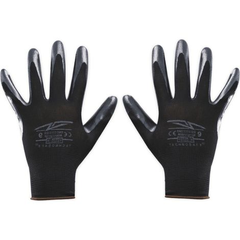 12 PAIA DI GUANTI DA LAVORO SPALMATI NYLON NITRILE GUANTO COPPIA NERI 02BB TAGLIA 10