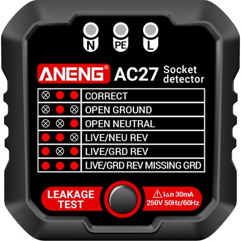 Comprobador de enchufes ANENG de 250 V, detección rápida de fugas de corriente, prueba de polaridad y conexión a tierra (automático).