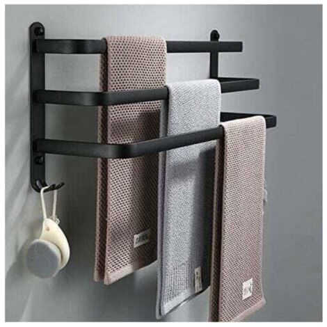 Porte Serviettes Salle de Bains, Barres Porte Serviettes Mural Noir Adhesif pour Douche et Cuisine, étanche Barres Porte avec Crochet (Noir, 60cm)
